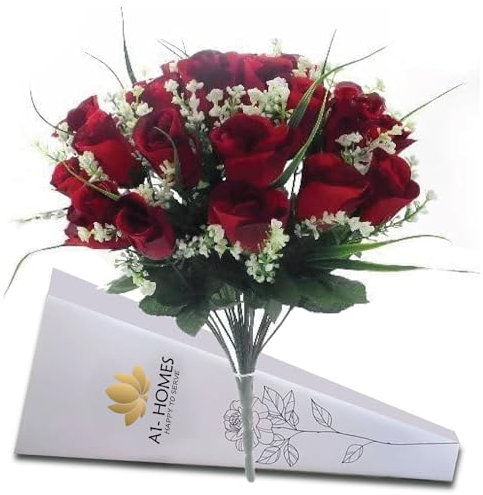 Artificial Roses, 42cm Fake Flowers for Decoration, Grass Bush with Gyp & Foliage 24 Red Roses Heads, Red Artificial Flowers for Outdoor & Indoor Events Wedding Party Home Decoration by A1-Homes