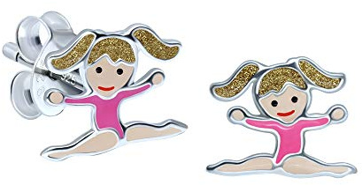 Sterling Silver Gymnastic Girl Earrings - Blonde Hair with Pink Leotard