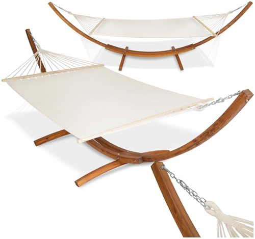 tectake® XXL Double Hammock with Wooden Stand - Solid Wood, Cotton & Stainless Steel Construction - 200 kg Load Capacity - Use Freestanding Outdoors and Indoors - For Garden, Patio or Terrace - White