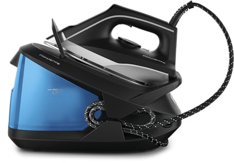 Rowenta Compact Stainless Steel Soleplate Professional Steam Station for Clothes, 57 Ounce Removable Tank, Lightweight, Compact 1500 Watts Iron, Fabric Steamer, Garment Steamer Black and Blue, VR8324.