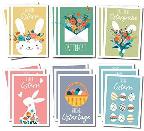 Matri & Moni 18er Set Osterpostkarten - 6 Motive je 3 Stück - Frohe Ostern Postkarten mit Osterhase und Ostereier