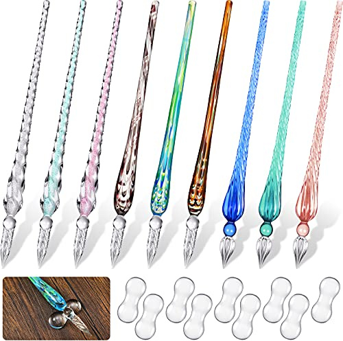 Outus 9 Pieces Glass Dip Pen Handmade Glass Signature High Borosilicate Crystal Vintage Dip Pen with 9 Pieces Penholder for Writing Drawing Calligraphy (Vintage Style,Fresh Color)