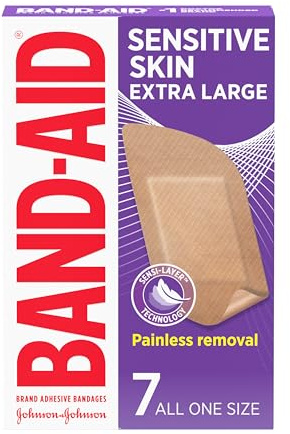 BAND-AID Brand Adhesive Bandages for Sensitive Skin, Hypoallergenic First Aid Bandages with Painless Removal, Stays on When Wet & Suitable for Eczema Prone Skin, Extra Large Size, 7 ct