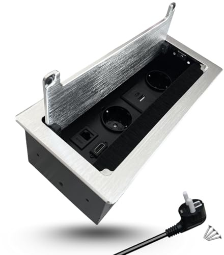 EVOTRADE Versenkbare Steckdosenleiste mit 2 Schuko 2 USB (A+C) 1 HDMI 1 Rj45 Mehrfachsteckdose für Schreibtisch Büro (Aluminium)