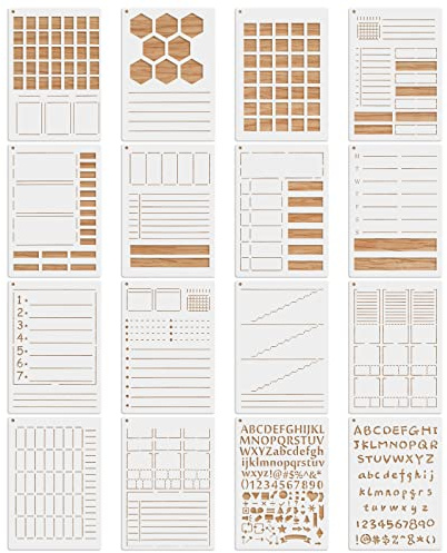MWOOT 16 Pezzi Journal Stencils Pittura, Kit Stencil Disegno Pianificatore Lettere, Riutilizzabile Diario Bullet Rivista Stencils per Fai Da Te Scrapbooking Taccuino Parete Decorazioni (14.8x21CM)