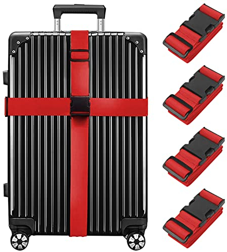 Newthinking Gepäckgurt, Koffergurt,Kofferband 4 Stücke, Strapazierfähig, Verstellbare Koffergurt mit Schnalle, Sicher Reisen Koffer Zubehör für Koffer, Gepäck (Rot),3.8x200CM