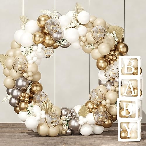 183 Pièce Decoration Anniversaire Garcon Fille,4 Boite a Ballon(27 Lettres) Et Arche Ballon Blanc Et Or,Boite Baby Shower,Kit Arche Ballon Pour Decoration Baby Shower Gender Reveal Mariage Bapteme