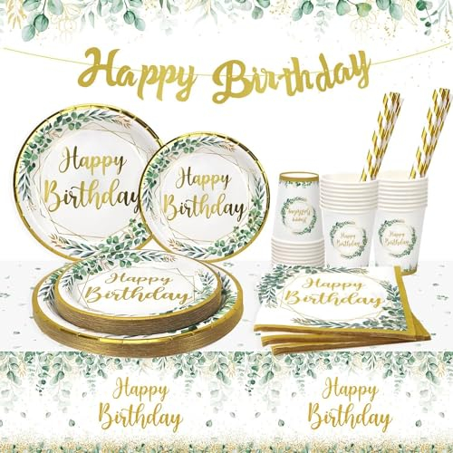 Heboland Set Vaisselle Anniversaire Verte pour 25 Invités, 125pcs Vaisselle de Fête Assiette Anniversaire Vert Sauge, Serviette, Pailles, Tasse pour Decoration Garçons Filles Femmes Fête