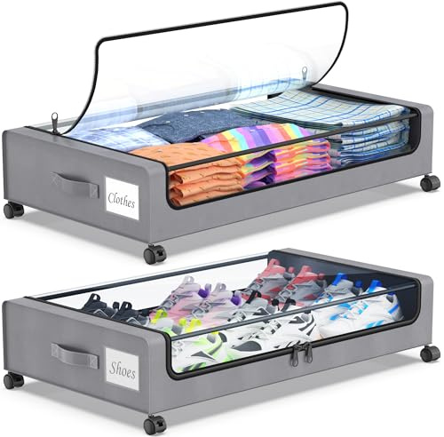 Beborxue Under Bed Storage with Wheels, 2-Pack Under the Bed Storage Containers with Lids, XXL 60L Under Bed Shoe Storage Organizer Bins, Rolling Underbed Storage for Clothes, Shoes, Blankets (Gray)