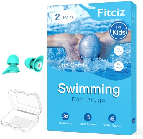 Fitciz Ear Plugs for Swimming Kids, 2 Pairs Water Swim Ear Plugs with Delicate Case for Children, Comfortable Waterproof Swimming Earplugs for Kids (Age 10+) (Pale Blue - Kids Edition)