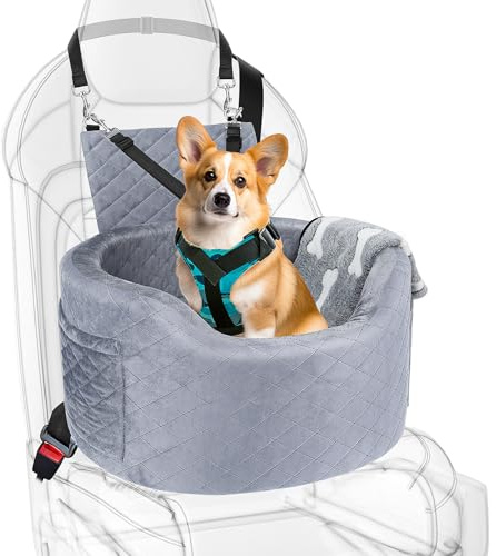 Hunde Autositz für kleine Hunde, Booster hundeautositz mit Rutschfester Wasserdichter Liner, Reisebett mit Aufbewahrungstaschen & Decke (Grau)