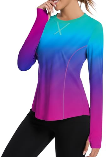 Avoogue Women's UPF 50+ UV Shirts Long Sleeve Workout Sun Shirt Outdoor Gym Hiking Tops Quick Dry Lightweight(Gradient Rainbow,S)