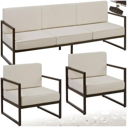 tectake® Set Lounge da Giardino Comosa, 5 Persone, Divano e 2 Poltrone, Imbottitura XXL, Cuscini Spessi, Acciaio Verniciato, Rivestimenti Idrorepellenti, Piedini Regolabili