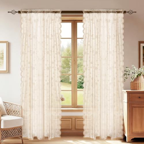 YSTELLAA Tende Per Interni Semitrasparente 2 Pezzi, 70x150cm, Tende Classiche In Pizzo, Curtains Voile Con Tasca, Leggere Morbida Per Camera Da Letto E Per Salotto, Beige