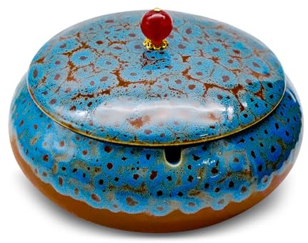 Keramik Aschenbecher mit Deckel, winddicht, Zigaretten Windaschenbecher, Retro Keramik Aschenhalters für Raucher, Schreibtisch Raucher Aschenbecher für Zuhause und Büro Dekoration (14.7X9.4cm)
