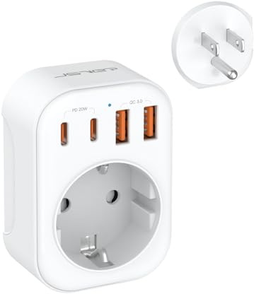 JSVER Universal Travel Plug Adapter med 2 USB-A och 2 USB-C-portar, reseadapter för USA, Kanada, Mexiko, Colombia, Thailand och fler andra länder (Typ B Plug)