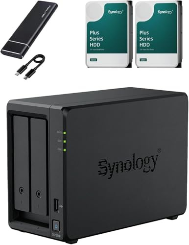 Synology DS725+ 2 sloti 32GB RAM, AMD Ryzen R1600, preconfigurato con 16TB (2 x 8TB HDD), cache da 1TB (2 x 512GB NVMe) + SSD esterno 512GB
