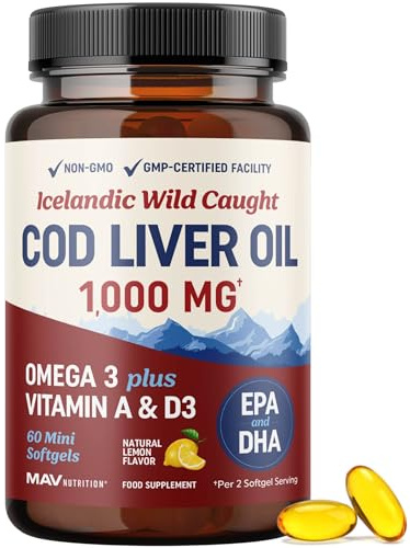 Cod Liver Oil Softgels 1000MG | Omega 3 + Vitamin A & D3 | Wild Caught Cod Liver Oil, Icelandic Sourced & Molecularly Distilled | EPA DHA Omega 3 Supplement for Bone, Eye & Immune Health | 60 Ct