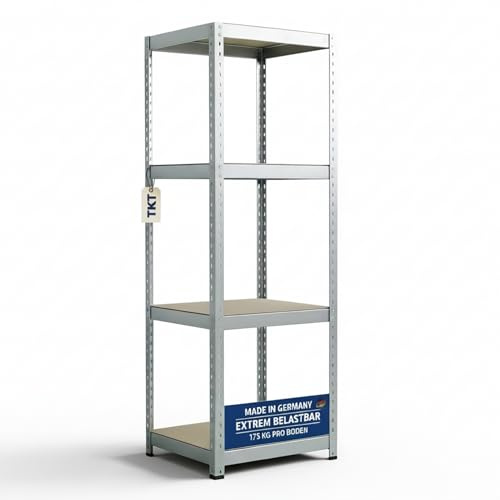 TKT – Work System Steckregal mit Holzböden 180x46x46cm - Verzinktes Regal mit 175kg Tragkraft pro Boden. Schwerlastregal mit 4 Böden für Werkstatt, Wohn- & Kellerraum