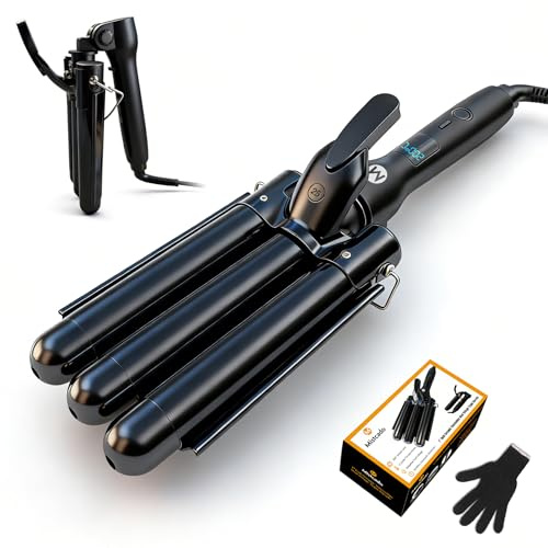 Mistcado 3 Barrel Hair Curler, 25mm Ceramic Tourmaline Hair Curling Iron Waver Wand with LCD Temperature Display, Fast Heating Foldable Crimpers for Travel (Black)