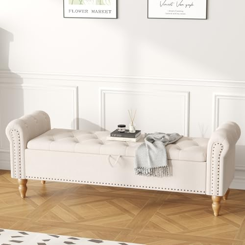 Ckaff Panca Fondo Letto Matrimoniale 160cm, Panca Contenitore Camera da Letto in Lino, Cassapanca Pouf Organizzatore con Braccioli Arrotolati per Camera da Letto Soggiorno Ingresso, Beige