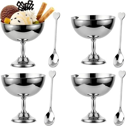Tissting 4 Pcs Ice Cream Bowl, 270ml Stainless Steel Dessert Bowl Reusable Silver Footed Sundae Cup with Spoon or Fork, Milkshake Cup for Dessert, Frozen Yogurt, Gelato, Birthday Party Decorations