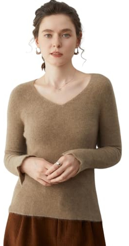 YuanDiann Damkashmir pullover stickad tröja V-krage höst vinter ull tröja 35 % kashmir 65 % ull mjuk hudvänlig varm bekväm elegant kashmir tröja, kamel, L