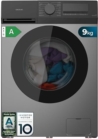 Cecotec Lavadora Carga Frontal 9Kg Bolero DressCode 9450 Inverter Steel, 1400 rpm, 16 programas, Clase A-10%, Motor Inverter Plus, Allergy Care, Pearl Drum, Función Silence, Stop&Go y Kid Lock, Steel