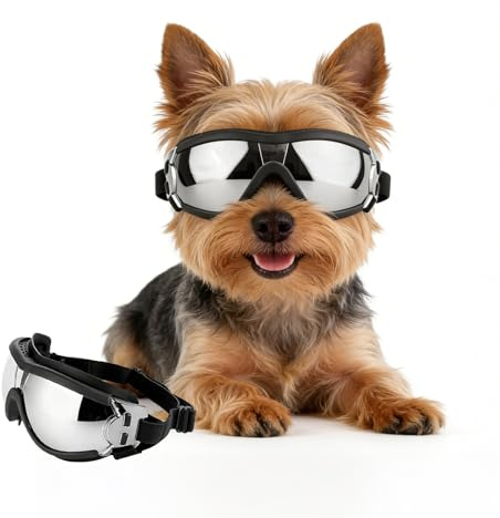 PETLESO Gafas de motocicleta para perros pequeños, anti-UV, resistentes al viento, con banda elástica ajustable, gafas de sol para perros para razas pequeñas, plateadas, talla S