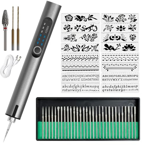Cordless Engraving Pen, 3-Speed Electric Engraving Tool Kit, Engrave 50 Surfaces, with 30 Small Drill bits, 3 Grinding Accessories and 16 Engraving Templates, USB Charging for Wood Resin Stone Jewelry