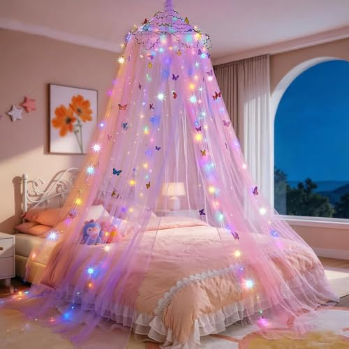 Hittriu Bed Canopy Girls Boys, Round Dome Mosquito Net for Single Double Beds, Light up Colourful Bed Canopies for Kids Bedroom Nursery Reading Nook 60x250x1250cm