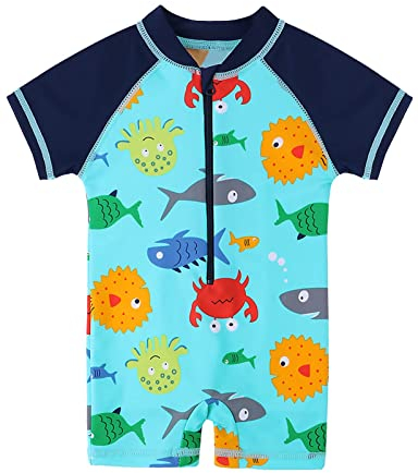 Huaaniue Badeanzug für Babys, Jungen, kurzärmliger Einteiler, Bademode, mit Reißverschluss, Sonnenschutz LSF 50+ , Unisex, Kinder, S287_BlueSealife_06, blau, 1-6M(Tag No.6M)