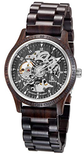 Alienwork Orologio Automatico Uomo Nero Bracciale in Legno Scheletro Legno Naturale