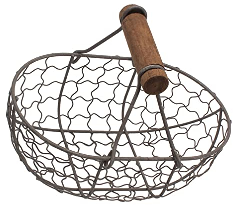 Yardwe Kitchen Storage Metal Wire Egg Basket Rusty Round Chicken Wire Egg Baskets Rustic Gathering Baskets With Wood Handle Country Primitive Farmhouse Vintage Style Storage Baskets