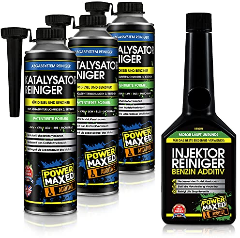 Power Maxed Benzin-Komplett-Kur – 3+1 Set Systemreiniger für Benziner & Hybrid – Katalysator & Injektor Reiniger – Reduziert Emissionen & senkt Verbrauch