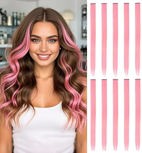 10 Pcs Colored Hair Extensions Clip in 22 Inch Colorful Hair Extensions for Women Fashion Party Hairpieces Accessories（Straight,Pink）