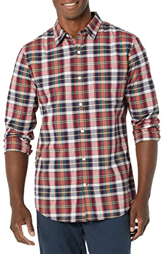 Amazon Essentials Camisa de Popelina Elástica de Corte Ajustado y Manga Larga Hombre, Azul Marino Rojo Blanco Cuadros Escoceses, L