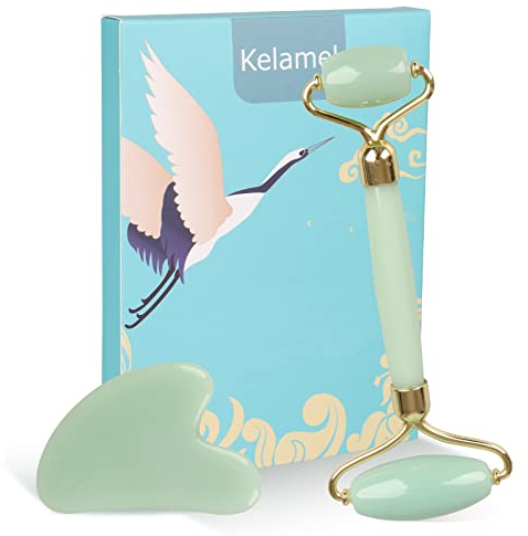 Jade Roller, Gesichtsmassage-Rolle, natürliches Anti-Aging zum Entspannen und Massieren, Set zur täglichen Gesichtspflege-Routine, Hellgrün