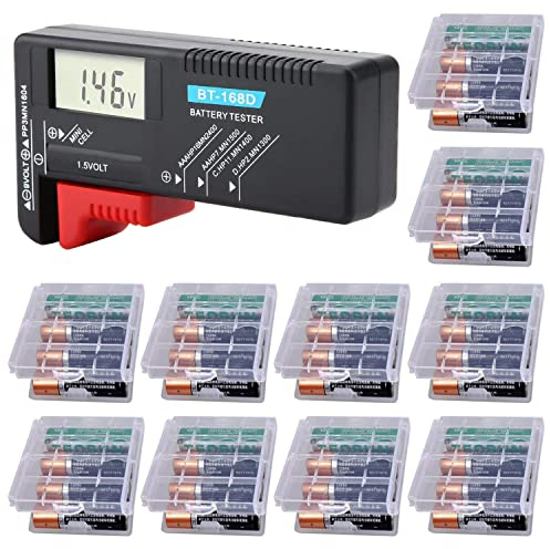 GTIWUNG Probador De Pilas Digital con Pantalla LCD, Probador Testador Universal Comprobador de Pilas Baterias Digital Medidor Voltaje Pilas AAA C D 9V 1.5V + 10Pcs Caja Almacenaje Pilas aa y aaa