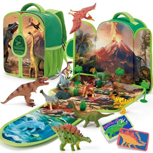 COCO&Friends Dinosaurios Juguetes Niños 3 años, Mochila Infantil con 12 Dinosaurios, Cartas y Tapete de Juego - Juguetes de Viaje Regalos para Niños 3 4 5 6 años
