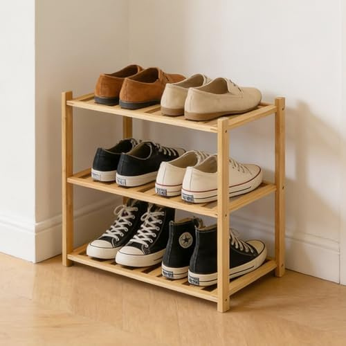 Akloya Small Shoe Rack, Multipurpose 3 Tier Shoe Organizers Rack，Small Bamboo Shelfs for Shoes, Plants, Books, Living Room, Hallway Bedroom, Bathroom (3 Tier)