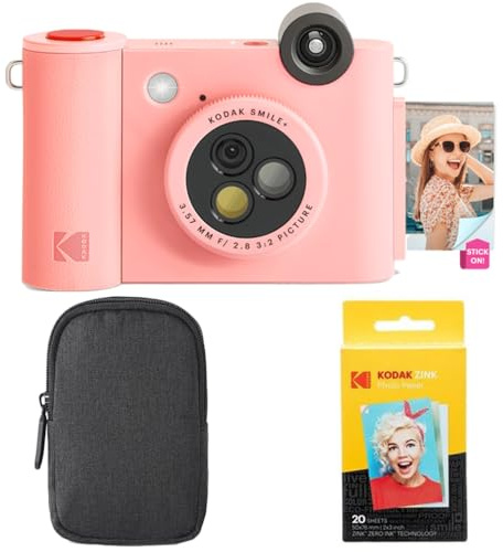 KODAK Smile+ 2-in-1 Digital Instant Camera & Photo Printer Starter Bundle - Case + Zink 20pk Paper - 10MP, Rotating Lens - Pink