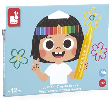 Janod - 12 gessetti colorati jumbo per bambini, dai 12 mesi - Matite grandi e di forma triangolare per una facile presa - Ideali per i primi disegni - J07401