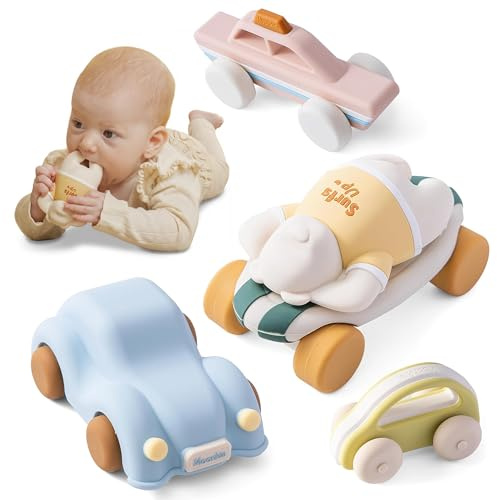 Moonkie Surf & Go Voiture Enfant, Lot de 5, Jouet Bebe pour 6 Mois+, Petites Voitures en Silicone Souple, Jouet Dentition Bébé, Voiture Bebe sans BPA, Cadeau Garcon &Fille,pour Noël & d'anniversaire