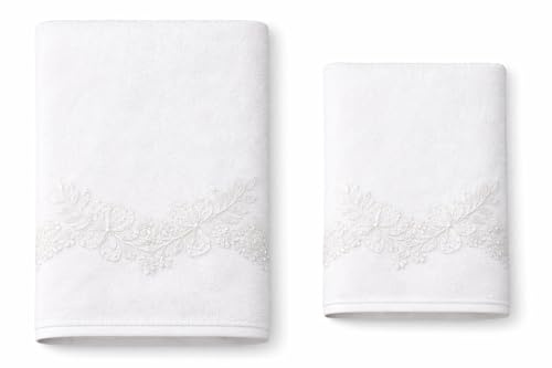 Corredocasa Coppia Asciugamani in Puro Lino Ricamati a Mano – Set Asciugamano e Ospite Elegante Stile Vintage, Artigianato Italiano, Disponibili in 3 Colori per Bagno Raffinato (Bianco)