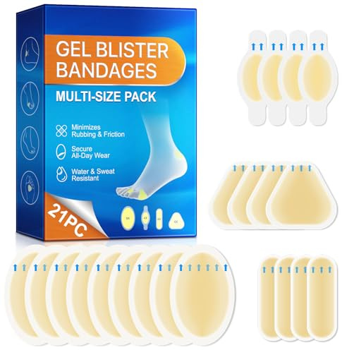 LTQXGT Hydrocolloid Blister Bandages - 21 Count Gel Cushioning Foot Bandages for Toes & Heels - Anti Friction Blister Prevention - Breathable Waterproof Protection for Running Hiking Shoes