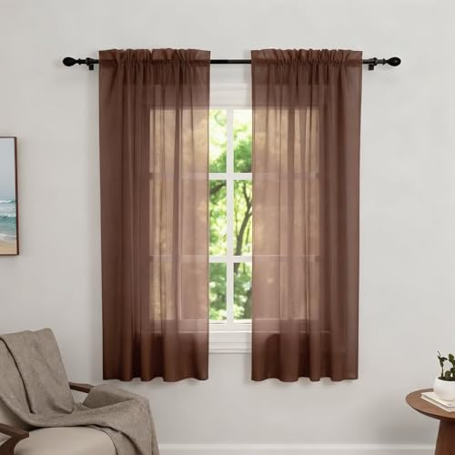 Zdada Net Curtains for Windows 45 Drop, Mocha Voile Curtains 4 Panels | Slot Top Rod Pocket Semi Transparent Sheer Curtain Short Light Filtering Net Curtain for Living Room Kitcken W60 x L45 Inch