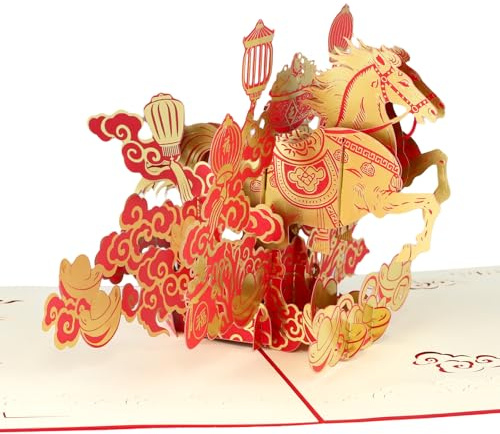 D24TIME Chinese New year Card, 2026 3D Golden Horse Pop Up Year of The Horse Card – Handmade Lunar New Year Gift, Includes Envelope & Writing Note, Perfect Spring Festival Decor