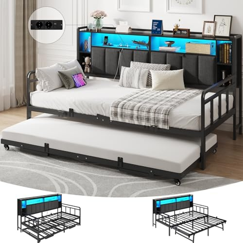 Brinlawb Canapé Lit 90x200 cm avec Lit Gigogne, avec Tête De Lit Rembourrée, Banquette Lit avec Rangement, Multiprise Et Éclairage LED Réglable, Canapé Convertible en Lit 90x200/180x200 cm Noir