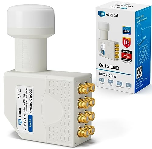 HB-DIGITAL Universal Octo LNB Blanc - UHD 4K Full HD DVB-S/S2 - Facteur de bruit de 0,1 dB - pour huit récepteurs satellite (connexion directe) - Contacts dorés - Protection contre les intempéries